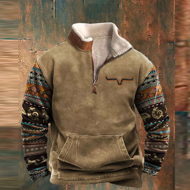 Vintage-Grafik-Patchwork-Sweatshirt für Herren, lässige Herbstmode mit langen Ärmeln und Reißverschluss, ideal für trendige Streetwear-Looks.