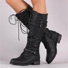 Schwarze kniehohe Damenstiefel, Herbst-Winter, mit Schnürung und Schnallen, flach, sexy Steampunk-Stil, Retro-Look, PU-Leder.