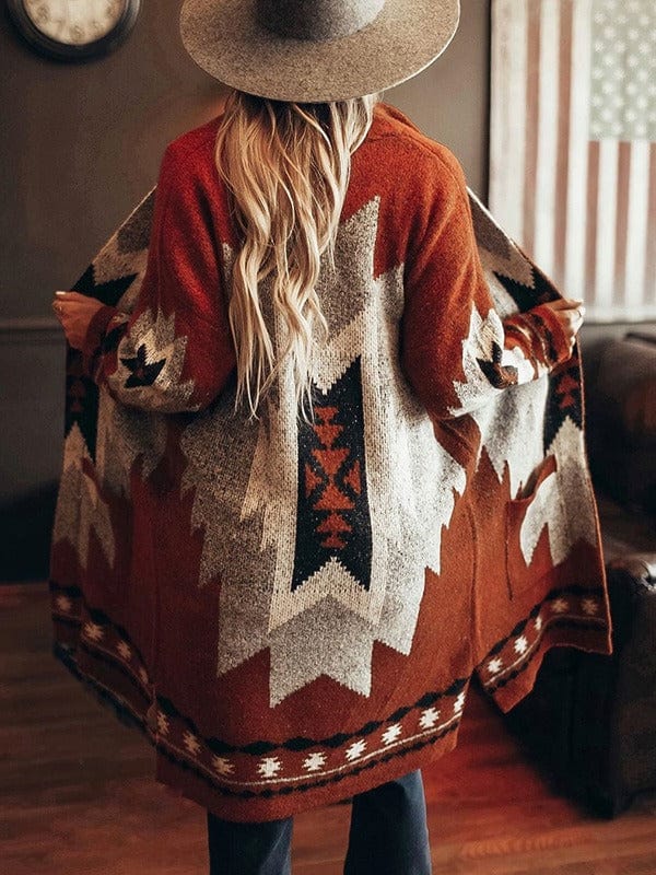 Damen Strickjacke im Western-Cowgirl-Stil, geometrisches Muster, warmes Braun, ideal für Herbstmode, trendige Boho-Optik, gemütlich und stilvoll.