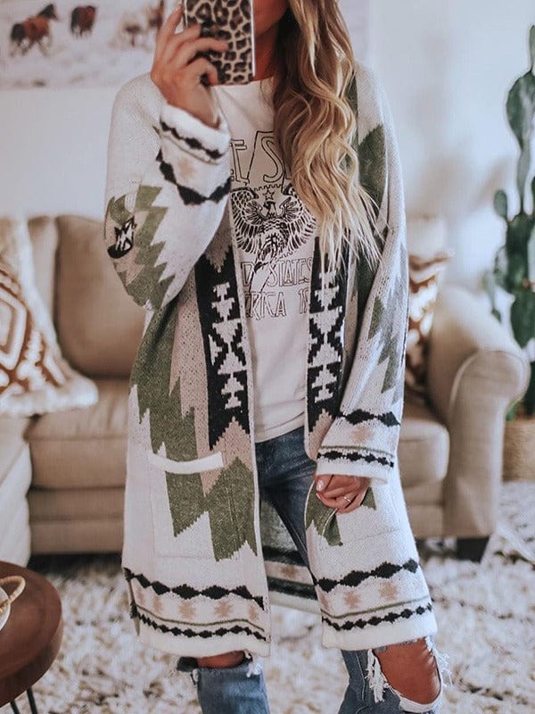 Damen Strickjacke im Western-Cowgirl-Stil mit geometrischem Muster, ideal für Herbstmode. Bequem, stilvoll und perfekt für lässige Outfits.