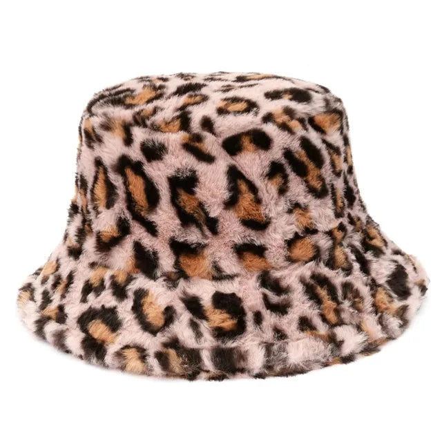 Leopardenmuster Faux-Fell Eimerhut für Damen, flauschig und warm, ideal für Wintermode und Outdoor-Aktivitäten. Trendiger, weicher Fischerhut.