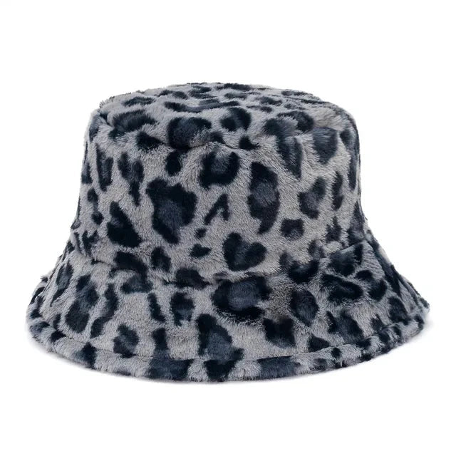 Leopardenmuster Eimerhut aus Kunstpelz, flauschig und warm, ideal für Damen im Winter. Modischer Outdoor-Sonnenhut, weich und samtig.