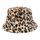 Leopard Faux-Fell Eimerhut für Damen, flauschig und warm, ideal für den Winter. Modischer Outdoor-Sonnenhut, weiches Samtmaterial.