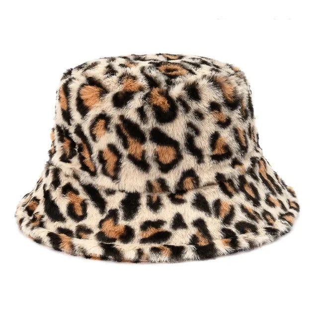 Leopard Faux-Fell Eimerhut für Damen, flauschig und warm, ideal für den Winter. Modischer Outdoor-Sonnenhut, weiches Samtmaterial.