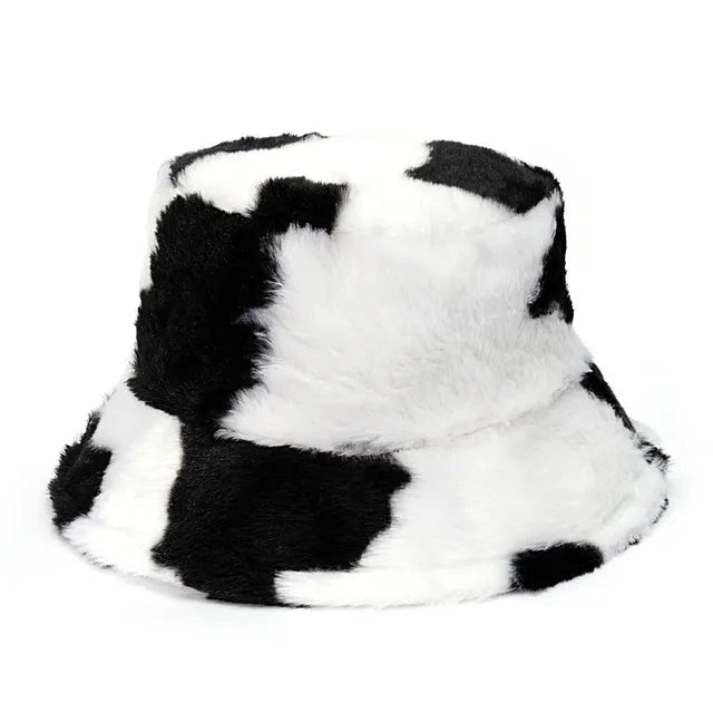Kuhfellmuster Eimerhut aus Kunstpelz, flauschig und warm, ideal für Damen im Winter. Modischer Outdoor-Sonnenhut, weich und stilvoll.