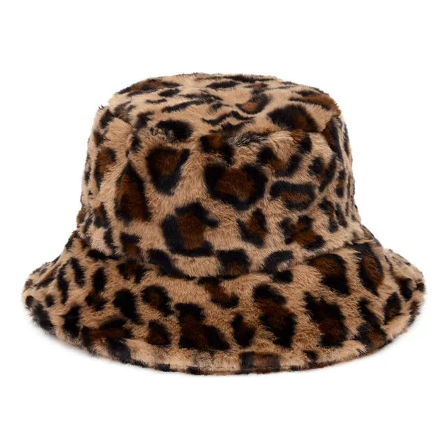 Leopardenmuster Eimerhut aus Kunstpelz, flauschig und warm, ideal für Damen im Winter. Modischer Outdoor-Sonnenhut, weiches Samtmaterial.