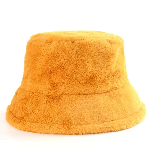 Plüschiger, gelber Eimerhut aus Kunstpelz für Damen. Perfekt für Winter, Outdoor-Aktivitäten, warm und stilvoll. Trendiger Fischerhut.