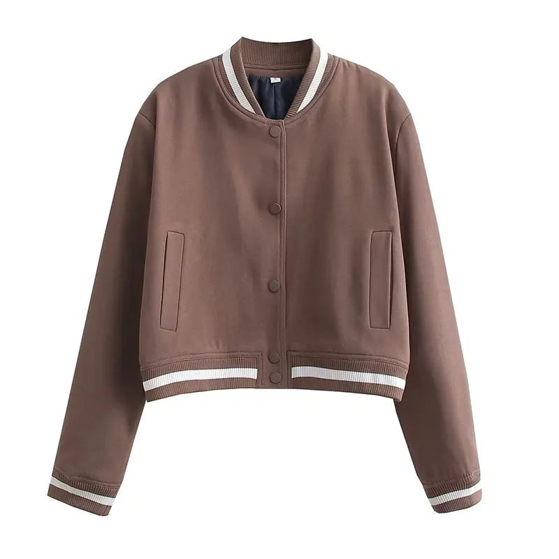 Damen Bomberjacke, elegant und einfarbig, mit O-Ausschnitt und langen Ärmeln. Modische, einreihige Knopfleiste, ideal für trendige Outfits.
