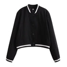 Elegante Damen-Bomberjacke in Schwarz, O-Neck, Langarm, einreihig. Perfekt für modische Outfits. Ideal für Herbst und Frühling.