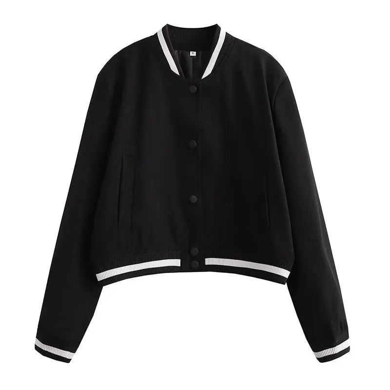 Elegante Damen-Bomberjacke in Schwarz, O-Neck, Langarm, einreihig. Perfekt für modische Outfits. Ideal für Herbst und Frühling.