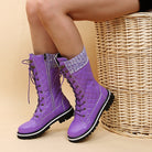Lila Damenstiefel, Herbst 2024, rutschfest, modisch, große Größen, mittellang. Bequeme Schnürstiefel für stilvolle Auftritte.