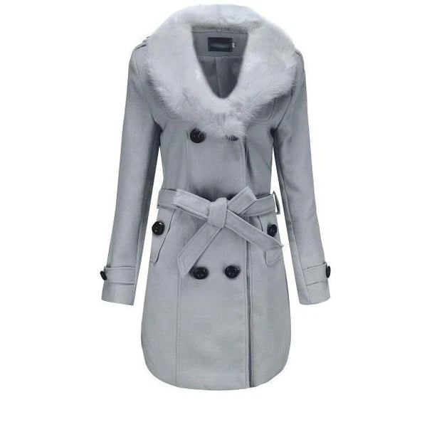 Damen Winterjacke mit Kunstfellkragen, eleganter grauer Mantel, Plus-Size, modisch, warm, ideal für kalte Tage, stilvolle Damenbekleidung.