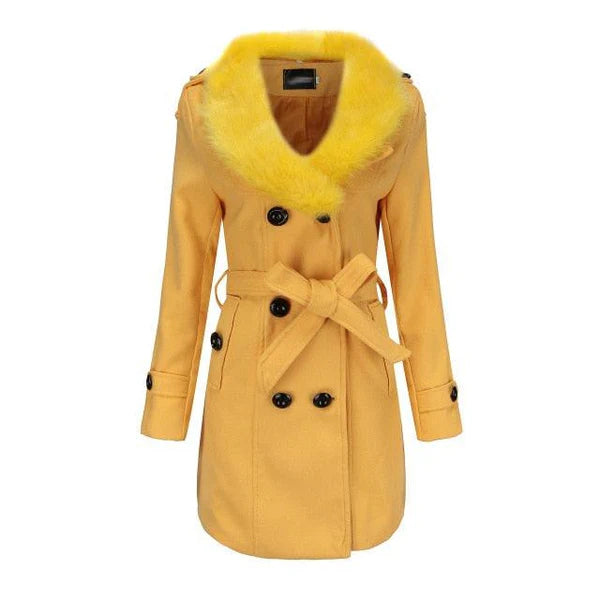 Damen Winterjacke mit gelbem Kunstfellkragen, eleganter Mantel, Plus-Size, modisch, warm, ideal für kalte Tage, stilvoller Look.