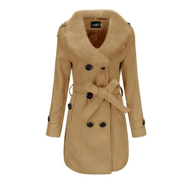 Damen Winterjacke mit Kunstfellkragen, eleganter Mantel, Plus-Size, beige, doppelte Knopfleiste, modisch, warm, ideal für kalte Tage.