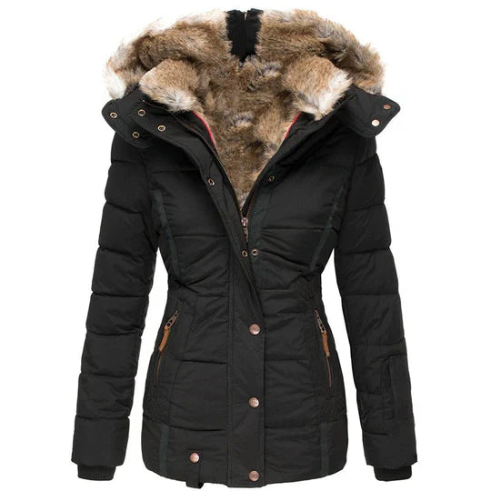 Damen Winterjacke mit Kapuze, schwarz, gefüttert, Kunstfellbesatz, Reißverschluss, warm, modisch, ideal für kalte Tage, stilvoller Look.