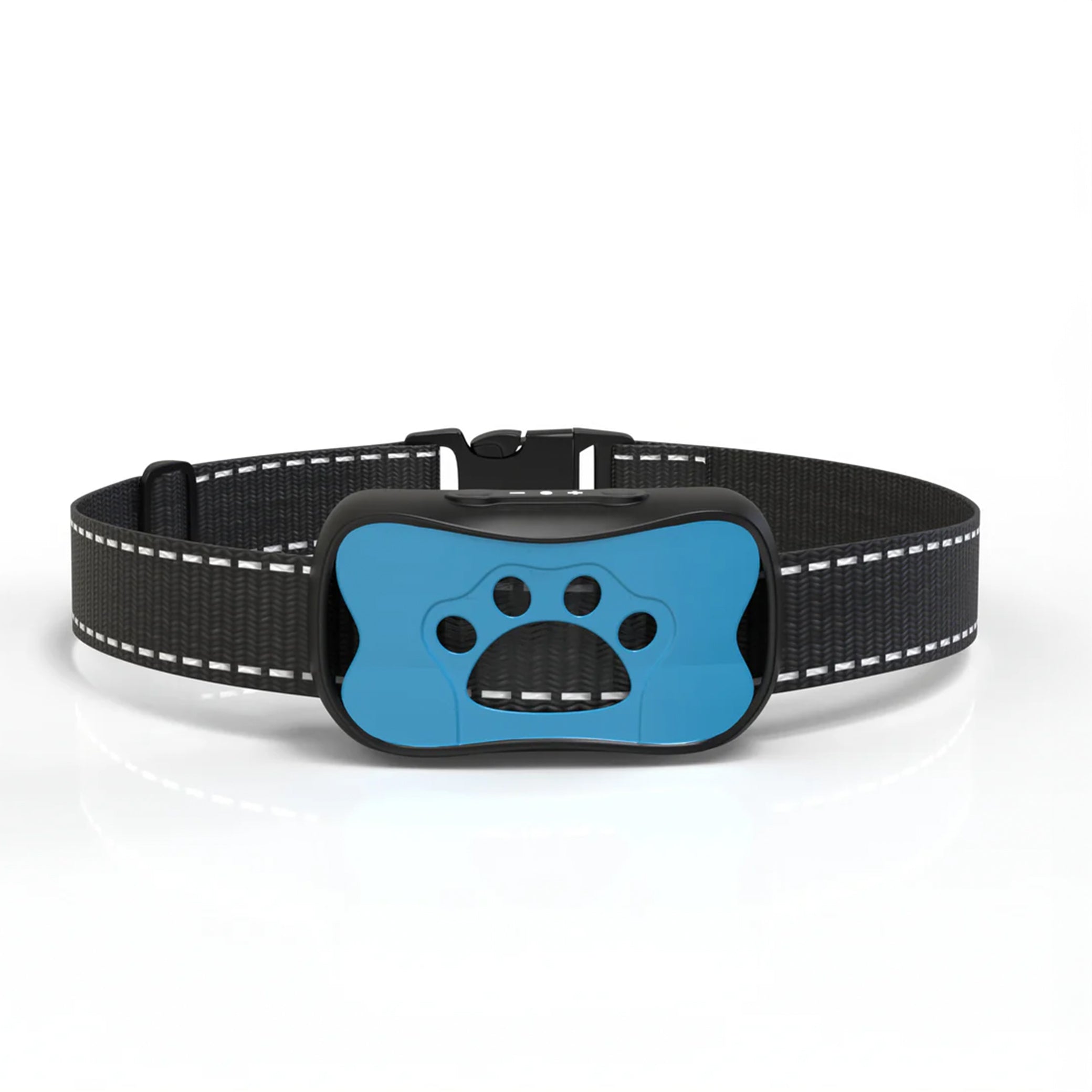 Anti-Bell-Hundehalsband mit blauem Design und Pfotenmotiv, verstellbar, ideal für effektives Hundetraining. Hochwertiges Zubehör für Haustiere.