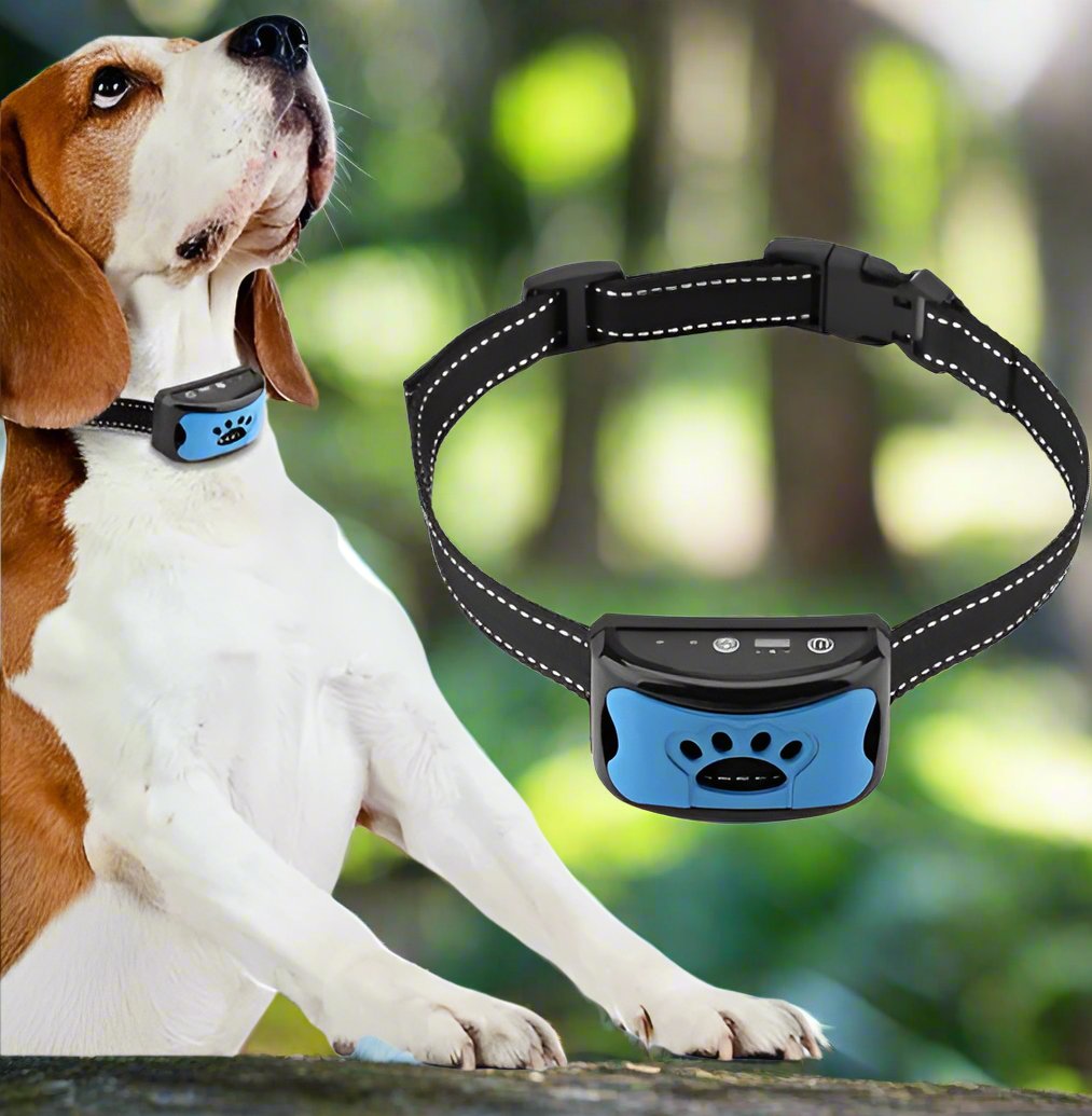 Anti-Bell-Halsband für Hunde, verstellbar, mit Vibrations- und Tonfunktion, ideal für Training, langlebig, komfortabel, in Blau und Schwarz.