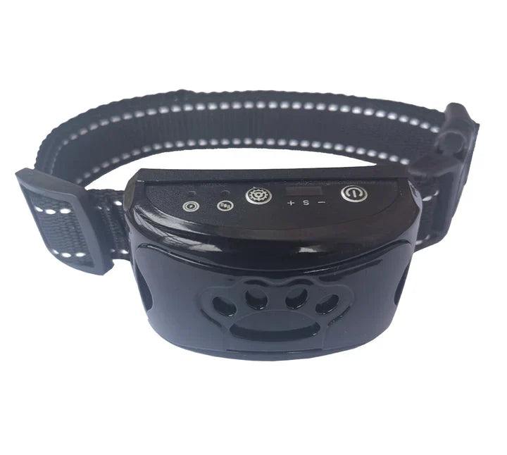 Schwarzes Anti-Bell-Halsband für Hunde mit verstellbarem Riemen, LED-Anzeige und Lautstärkeregler. Ideal für effektives Hundetraining.