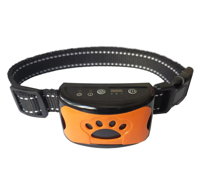 Zeus Anti-Bell-Halsband für Hunde, orange-schwarz, verstellbar, mit Vibrations- und Tonfunktion. Effektives Trainingsgerät für Haustiere.