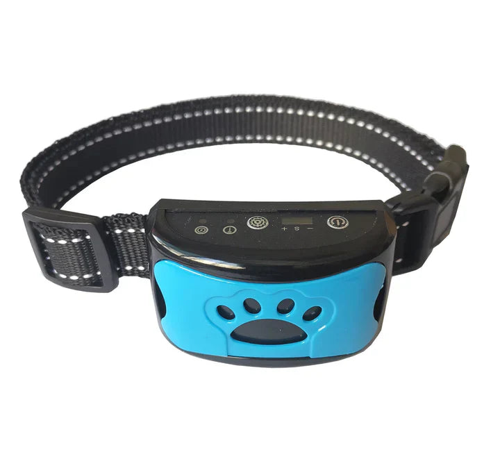 Zeus Anti-Bell-Halsband für Hunde, blau-schwarz, verstellbar, mit Vibrations- und Tonfunktion. Effektives Trainingsgerät für Haustiere.