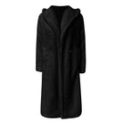 Schwarzer Damen-Wollmantel mit Kapuze, elegant und warm, ideal für Wintermode. Hochwertiger Stoff, zeitloses Design, vielseitig kombinierbar.