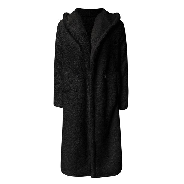 Schwarzer Damen-Wollmantel mit Kapuze, elegant und warm, ideal für Wintermode. Hochwertiger Stoff, zeitloses Design, vielseitig kombinierbar.