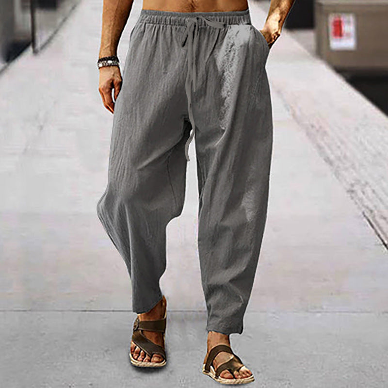 Graue Leinenhose für Herren, lässig, bequem, mit elastischem Bund, ideal für Sommermode.