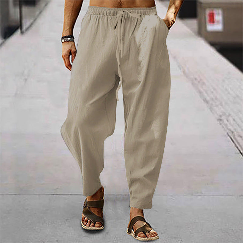 Beige Leinenhose für Herren, lässig, bequem, Sommermode, ideal für Freizeit und Strand.