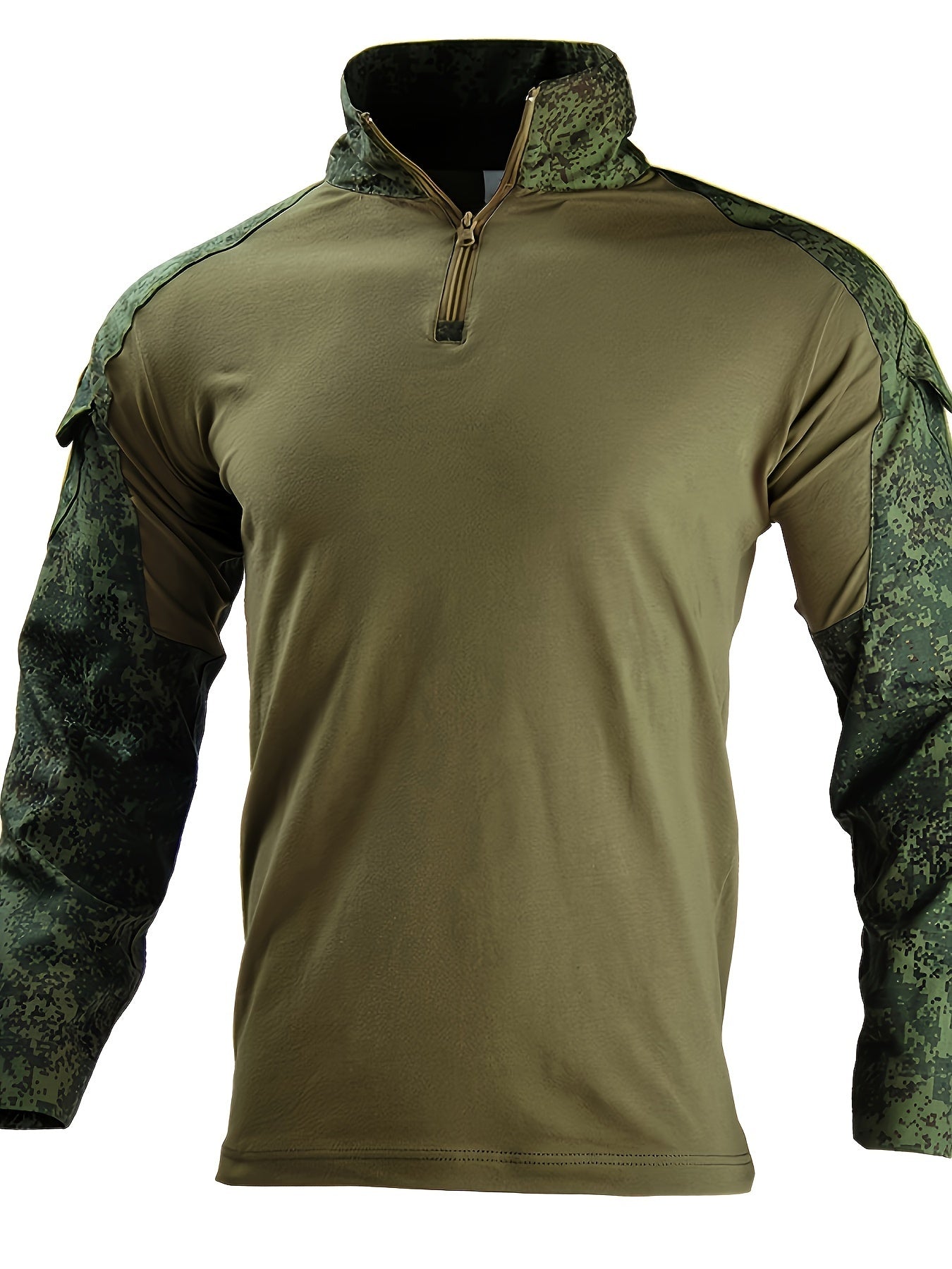 Taktisches Langarmshirt in Olivgrün mit Tarnärmeln, ideal für Outdoor-Aktivitäten. Atmungsaktiv, strapazierfähig, militärischer Stil.