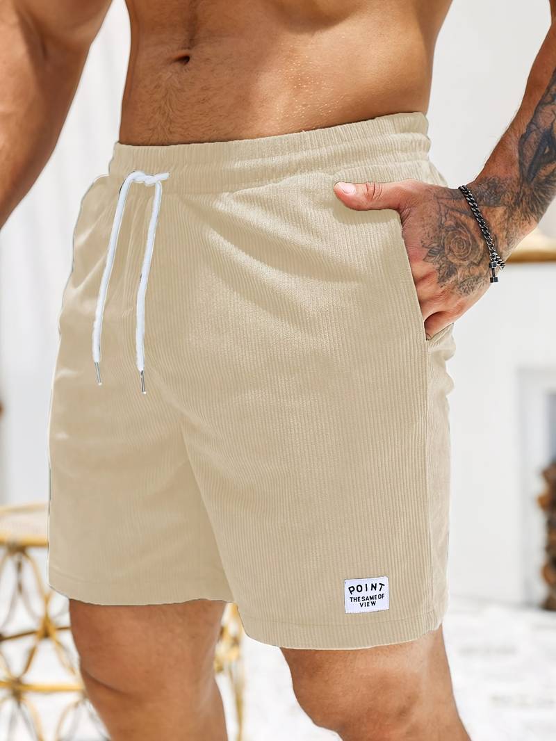 Beige Herren-Shorts aus Cord mit Kordelzug, lässig, Sommermode, Taschen, Stickerei-Logo.
