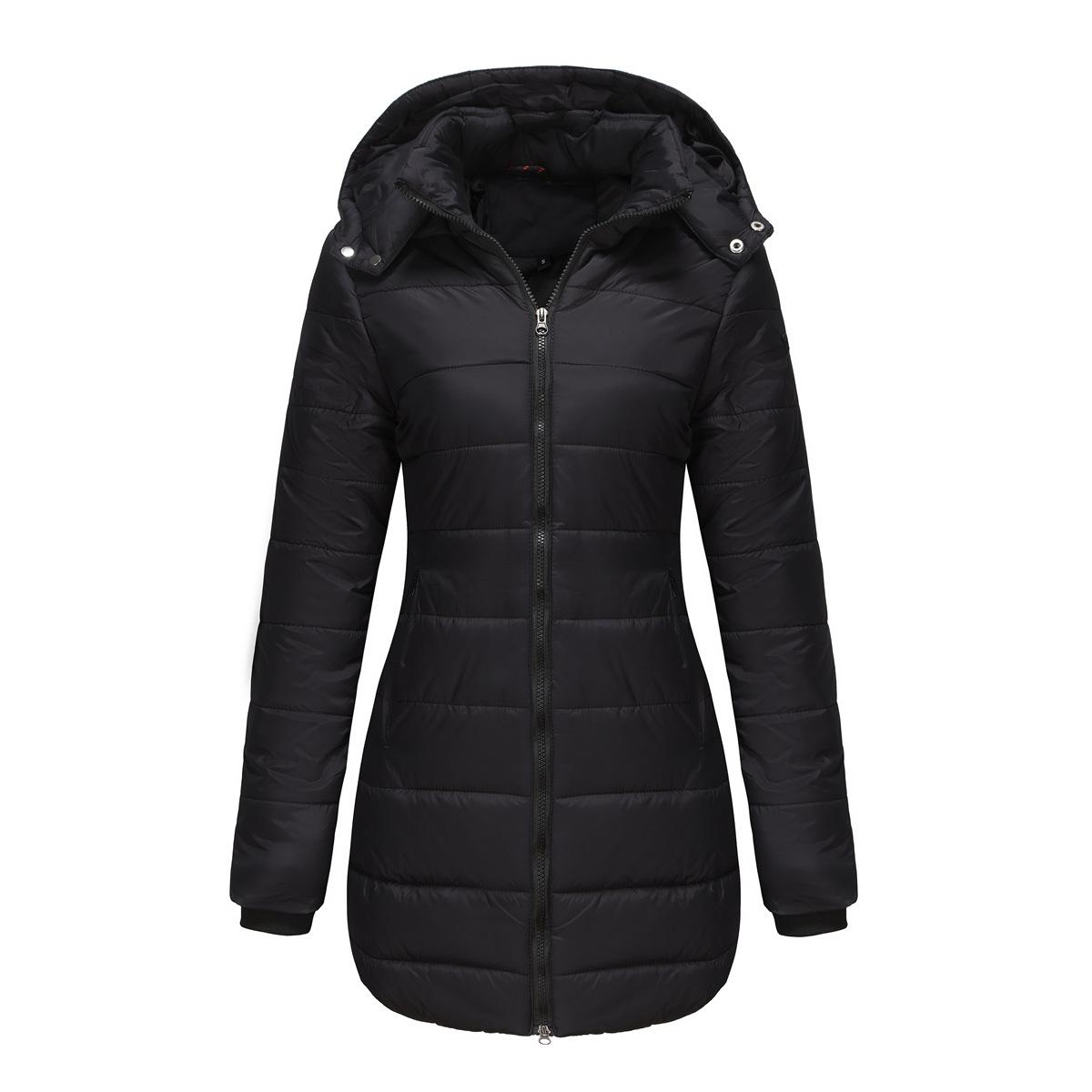 Schwarze Damen-Winterjacke mit Kapuze, gesteppter Daunenmantel, warm, modisch, ideal für kalte Tage, hochwertiges Material, Reißverschluss.