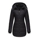 Schwarze Damen-Winterjacke mit Kapuze, gesteppter Daunenmantel, warm, modisch, ideal für kalte Tage, hochwertiges Material, Reißverschluss.