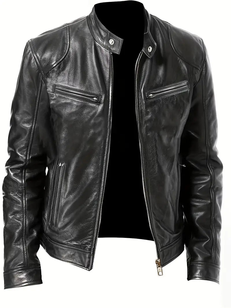 Schwarze Lederjacke für Herren, stilvoll und zeitlos, mit Reißverschluss und Brusttaschen. Perfekt für modische Outfits und Biker-Looks.