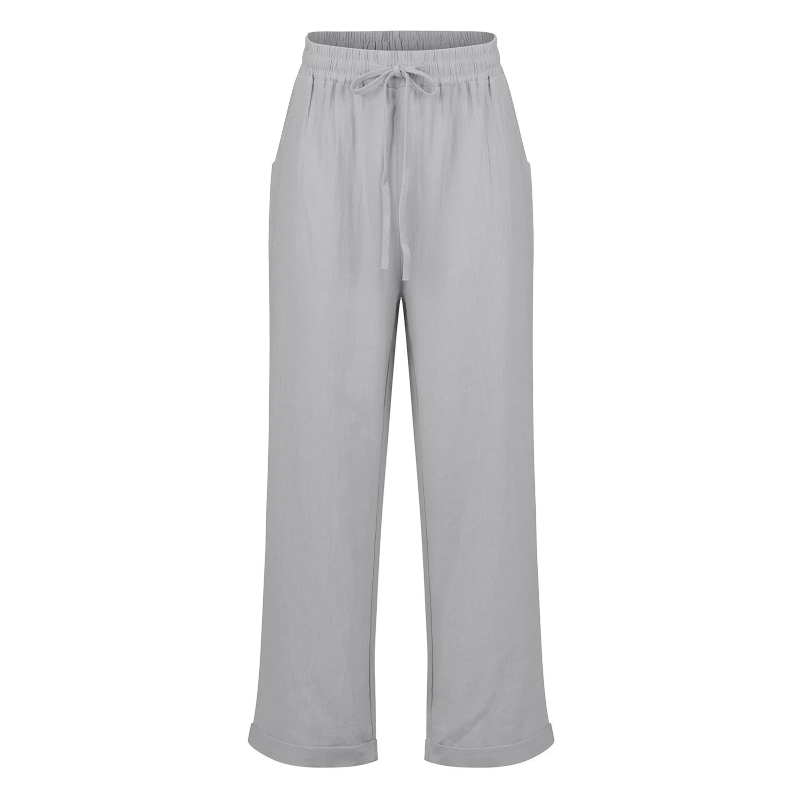Graue Damenhose aus Leinen mit elastischem Bund und Kordelzug, ideal für Sommermode. Bequeme, luftige Passform für lässigen Stil.