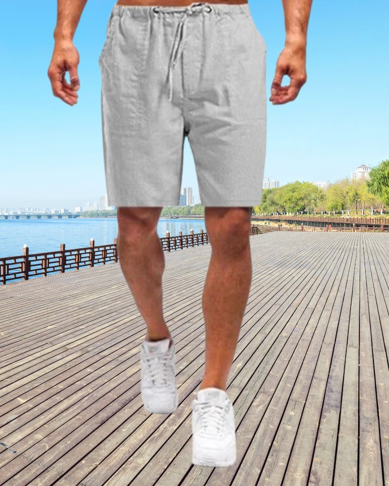 Graue Leinen-Sommershorts für Herren, bequem, ideal für Freizeit und Strand.