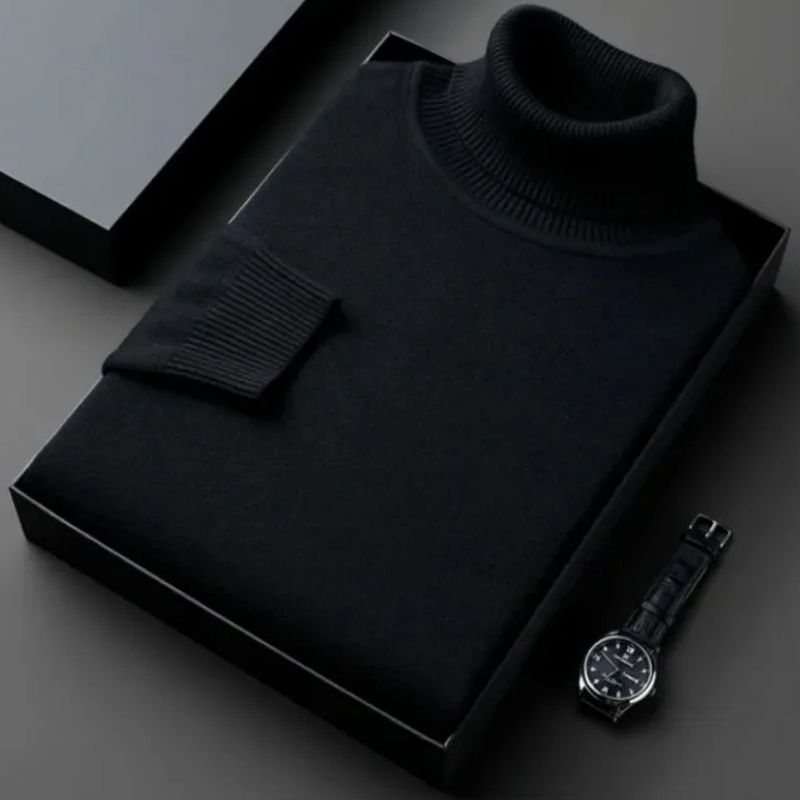 Schwarzer Rollkragenpullover aus feiner Wolle, elegant gefaltet in einer Geschenkbox, neben einer stilvollen Armbanduhr. Perfekt für Herrenmode.