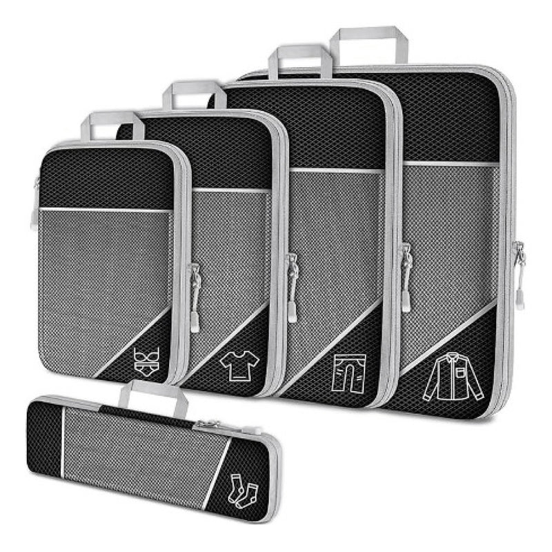 Schwarze Kompressions-Packwürfel Set, Reise-Organizer, platzsparend, leicht, robust.