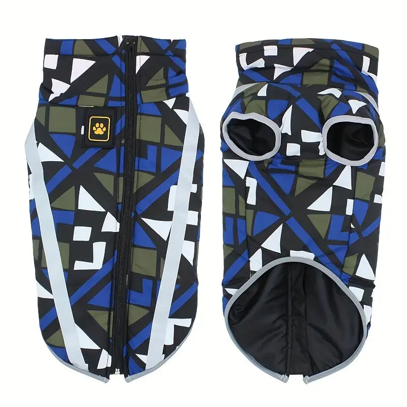 Hundemantel mit geometrischem Muster, blau-schwarz, wasserdicht, mit Reißverschluss und reflektierenden Streifen. Ideal für kaltes Wetter.