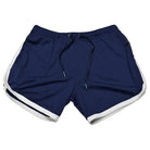 Dunkelblaue Sportshorts mit weißen Streifen, Herren, atmungsaktiv, elastischer Bund.