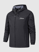 Titleist Connor wasserdichte Jacke, schwarz, mit Kapuze und Reißverschluss. Perfekt für Outdoor-Aktivitäten, Golfbekleidung, wetterfest.