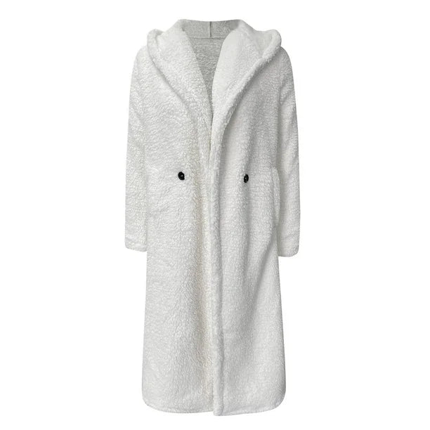 Weißer Damen Teddy-Mantel mit Kapuze, kuschelig und warm, ideal für Wintermode. Perfekt für stilvolle, gemütliche Outfits an kalten Tagen.