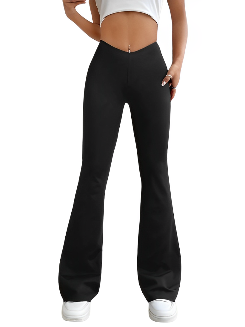 Schwarze Schlaghose Damen, hohe Taille, figurbetont, modisch, bequem, ideal für Freizeit und Party, trendige Damenmode, vielseitig kombinierbar.