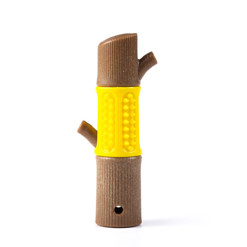 Hundespielzeug aus robustem Gummi in Form eines Baumstamms, gelb-braun, ideal für Zahnpflege und Kauspielspaß. Perfekt für aktive Hunde.
