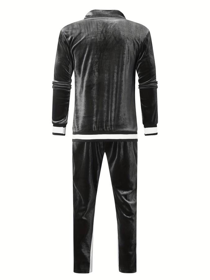 Schwarzer Samt-Trainingsanzug für Herren, langärmelig, sportlich, bequem, modisch.