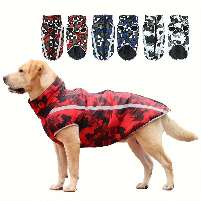 Hundemantel wasserdicht, reflektierend, in Rot mit Camouflage-Muster. Ideal für kaltes Wetter. Erhältlich in verschiedenen Designs.