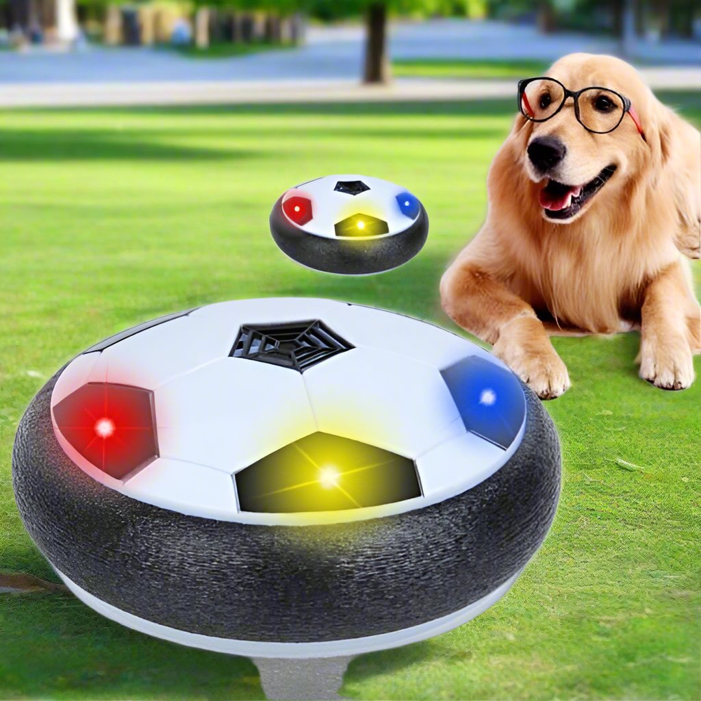 Schwebender Fußball mit LED-Lichtern auf Rasen, ideal für Indoor- und Outdoor-Spiele. Perfektes Geschenk für Kinder und Haustiere.