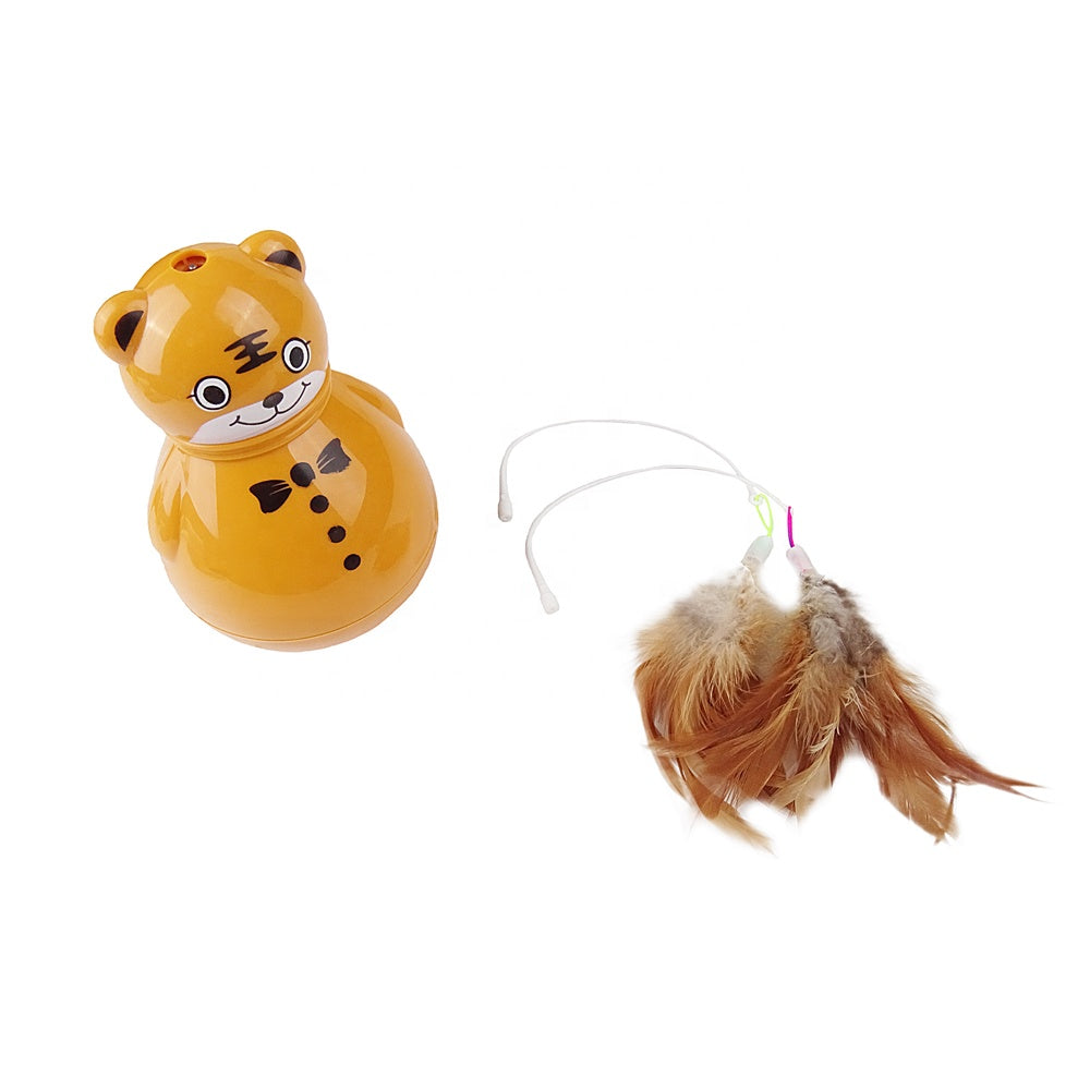 Gelbes Katzenspielzeug mit Federn, interaktives Spielzeug, Kunststoff, Tiermotiv, Unterhaltung.