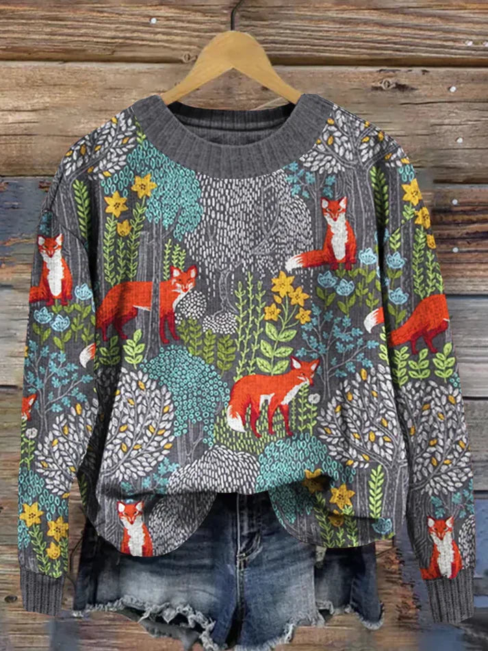 Bunter Pullover mit Fuchs- und Waldmotiv, ideal für Herbstmode. Hochwertiger Strick, lebendige Farben, einzigartiges Design, gemütlich und stilvoll.