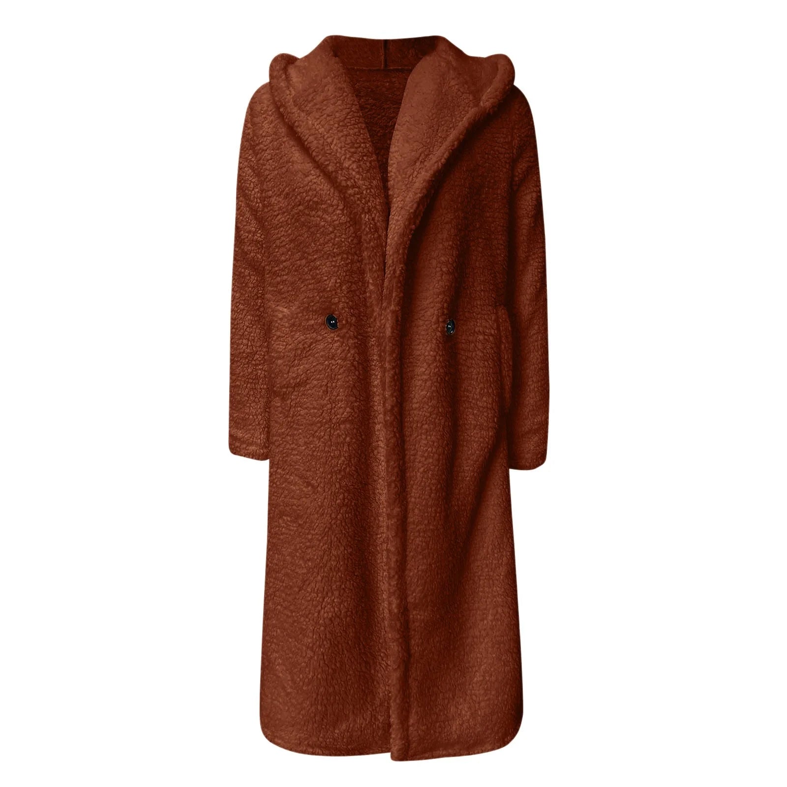Brauner Teddy-Mantel mit Kapuze, kuschelig und warm, ideal für Herbst und Winter. Modischer Damenmantel, perfekt für kalte Tage.