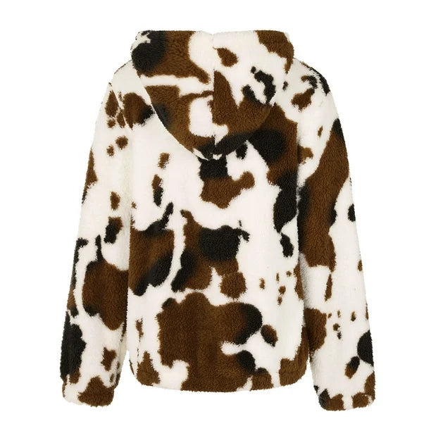 Kuhfellmuster Kapuzenjacke, braun-weiß, flauschig, Damenmode, Winterjacke, trendig.